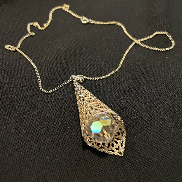 Vintage Jewelry - VTG Silver Tone Metal Filigree Cone and Aurora Borealis dangle pendant. Pretty!!